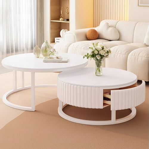 SeraphicCharm Couchtisch Rund Weiss 2er Set 50+70cm Runder Couchtisch Marmor Mit Stauraum Modern Wohnzimmertisch Weiß Mit Holz Schublade Tisch Wohnzimmer Ausziehbar Satztische Fürs Wohnzimmer von SeraphicCharm
