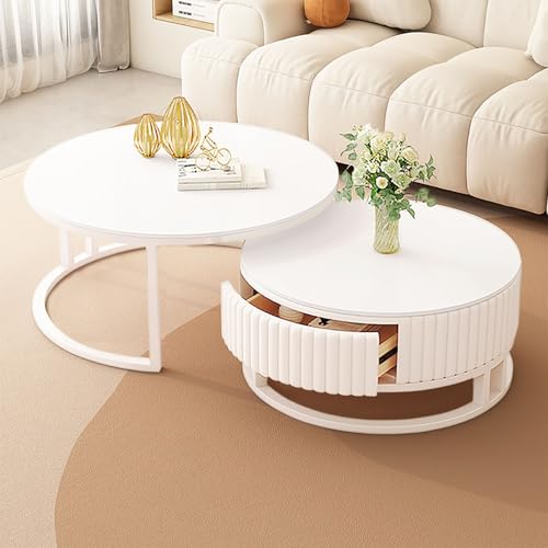 SeraphicCharm Marmor Couchtisch Rund Weiss Mit Stauraum Runder Couchtisch Weiß 2er Set 50+70cm Wohnzimmertisch Modern Mit Holz Schublade Satztische Fürs Wohnzimmer Tisch Ausziehbar Couchtische von SeraphicCharm