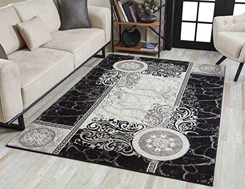 Serdim Rugs Teppich für Wohnzimmer, traditionelles abstraktes Radmuster, weich, stilvoll, Schwarz/Grau, 60 x 220 cm von Serdim Rugs