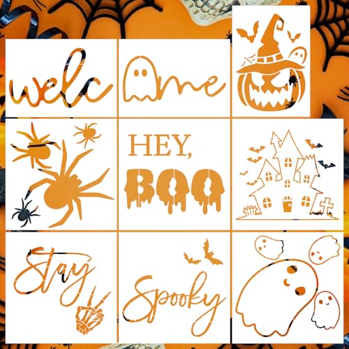 9 große Halloween-Schablonen für Fußmatten, wiederverwendbar, Kürbis-Geist, Fledermaus, Malerei, Basteln, Halloween-Schablonen zum Malen auf Fußmatte, Holz-Wanddekoration (niedlich 9) von Sereliy