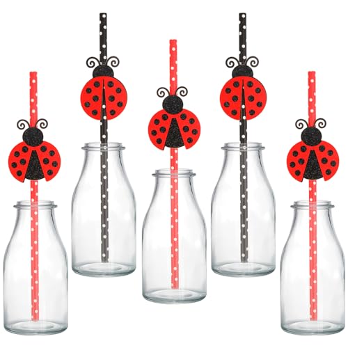 50Pcs Marienkäfer Papier Strohhalme, Marienkäfer Party Favors gehören rot schwarz Polka Dot Papier Strohhalme mit Phantasie Marienkäfer Toppers für Insekt kleine Marienkäfer Baby Dusche Geburtstag von Serencatcher