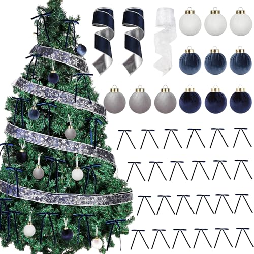 Serencatcher 39-teiliges Samt-Weihnachtsbaumschmuck-Set beinhaltet marineblaue Samt-Weihnachtsschmuck, Kugeln, Schleifen, marineblaue Schneeflocken, Drahtbänder für Weihnachten, Winter, Urlaub, Kranz von Serencatcher