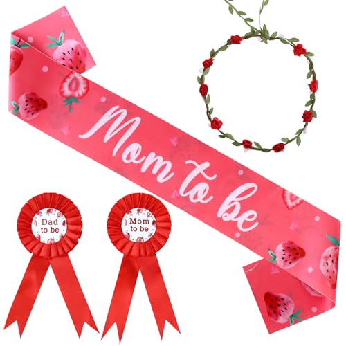 Serencatcher Strawberry Baby Shower Decorations Girl, Berry Sweet Mom to Be Mutterschaft Schärpe Mom Dad to Be Button Pin Blume Krone Stirnband für ein Berry Sweet Baby Is on the Way von Serencatcher