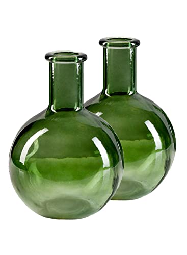 Serene Spaces Living 2 Stück grüne Flaschenhals Runde Glasvase Vintage Glühbirne Blumenvase für Konsolentisch Regal Wohnzimmer Badezimmer Büro Hochzeit (13 cm Durchmesser & 19 cm hoch) von Serene Spaces Living
