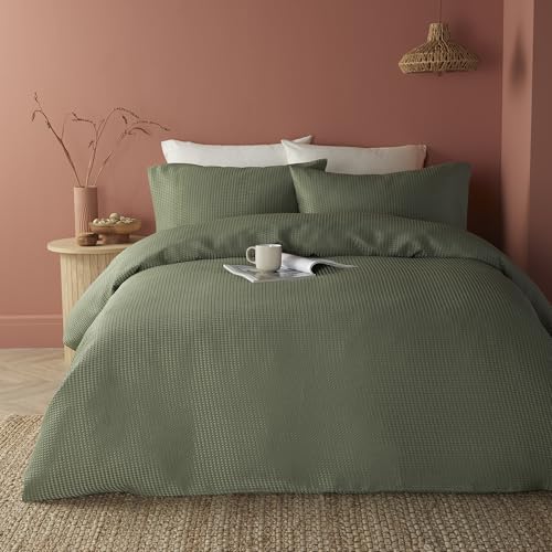 Serene - Grüner Waffel-Bettbezug – King-Size-Größe (230 x 220 cm) – weiche Haptik – Luxus-Bettwäsche – Gittermuster strukturierter Bettbezug in Khaki-Grün – quadratisch gepuckte Bettwäsche – von Serene