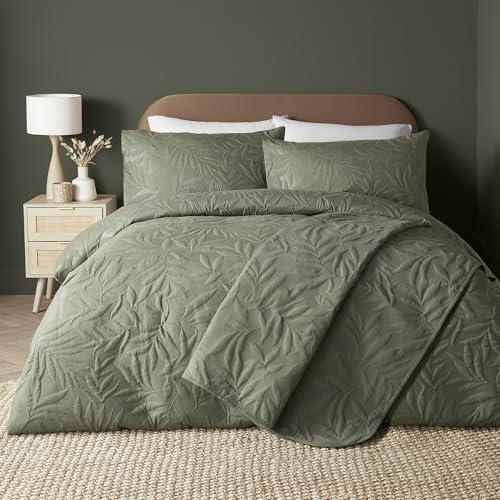 Serene Luxuriöses Bettwäsche-Set aus der Luana-Kollektion, Khaki-Grün mit Blättern, geprägt, Super-King-Size-Bett (260 x 220 cm), weiche Haptik, Stickerei-Bettbezug mit Blatt-/Blätter-Stickerei, von Serene