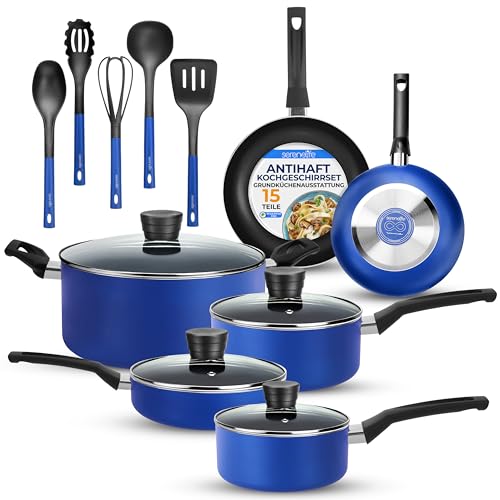 SereneLife 15-teiliges Küchenutensilien-Set Blau - Antihaft-Topf und Pfannen, hitzebeständig mit Deckeln, spülmaschinenfest, enthält passendes Utensilien von SereneLife