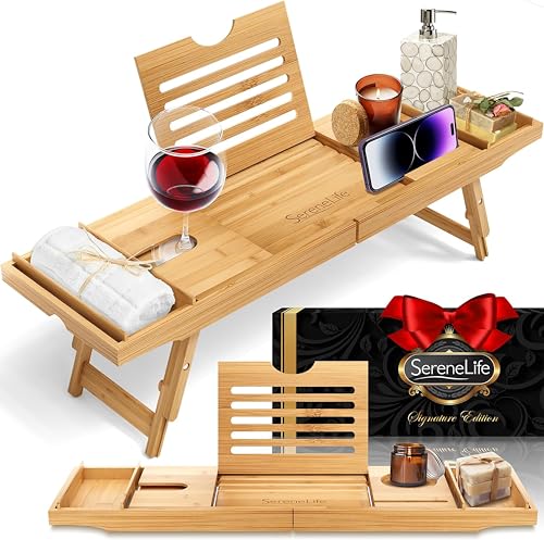 SereneLife 2-in 1 Ablage als Badewannenablage & Betttisch – Klappbares Badewannentablett Länge & Höhe Verstellbar – Wasserdichtes Betttablett für Bett & Badewanne – Robustes Sofa Tablett aus Bambus von SereneLife
