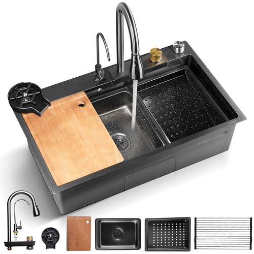 SereneLife Edelstahl Küchenspüle | Langlebiges Waschbecken mit Abflussregal, Siebkorb, Spülbecken, Schneidebrett und Tassenspüler | Elegantes und modernes Design | 29.5"L x 18"W x 8.66"H IN | Schwarz von SereneLife