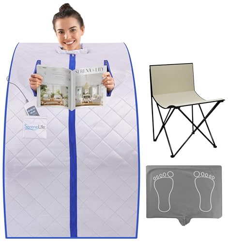 SereneLife Sauna, Mini Sauna, Dampfsauna für Zuhause, Infrarot Sauna für Zuhause, Portable Sauna, inklusive Saunastuhl und Fuß- Infrarotmatte von SereneLife