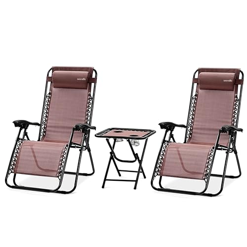 SereneLife 2er- Sonnenliege, Gartenliege, Liegestuhl- Klappbar, Relaxliege Verstellbar mit Seitentisch, Kopfkissen & Getränkehalter, Klappliege Wetterfest, bis 120KG, Ideal für Balkon, Strand & Pool von SereneLife