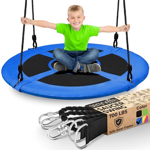 SereneLife Outdoor Spinner Schaukel Hängender Baum Runde Runde Fliegende Untertasse mit Seilgurten, Kissen Gepolsterter Metallrahmen, Polyester Stoff Sitz, für Kinder & Erwachsene, Blau, Einheitsgröße von SereneLife