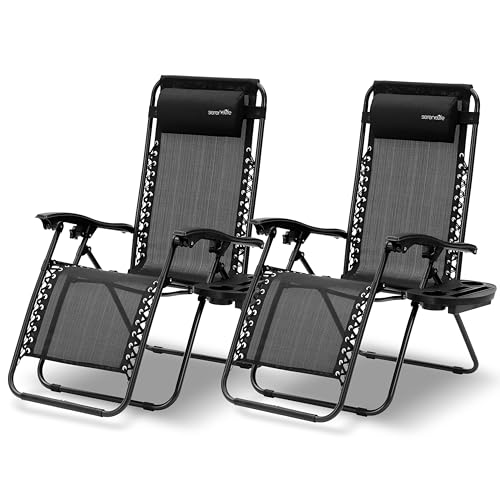 SereneLife Liegestuhl, Gartenliege Klappbar, Strandliege Verstellbar mit Seitentisch, Kopfkissen & Getränkehalter, Sonnenstuhl für Balkon, Garten, Terrasse & Camping, Deckchair 2 Personen Schwarz von SereneLife