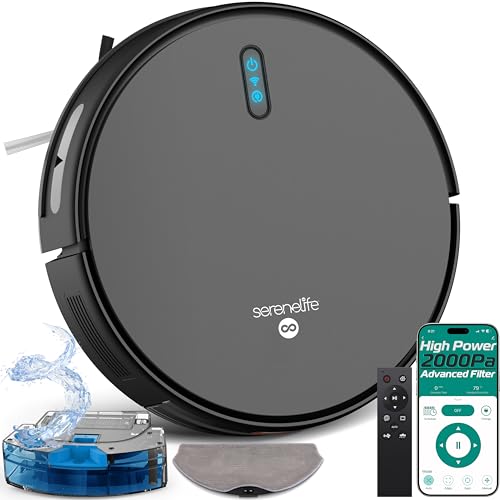 SereneLife Saug Wischroboter mit Selbstreinigung, 2000pa- Saugwischer Roboter, Saugroboter mit APP Steuerung & Selbstaufladend, 4 Reinigungsmodi, Staubsauger Roboter für Tierhaare, Weiche/Harte Böden von SereneLife