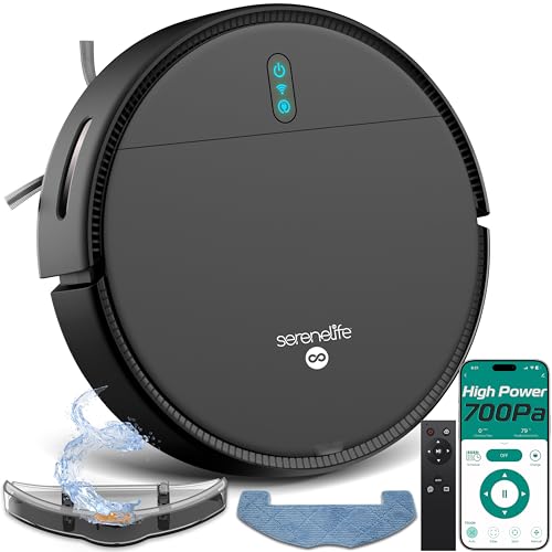 SereneLife Saugroboter mit Wischfunktion, 700Pa Saugroboter, 3-in1- Saug und Wischroboter, Staubsaugroboter mit APP Steuerung, Vacum Robot mit Absturzsensoren-Ideal für Tierhaare & Teppich, Schwarz von SereneLife