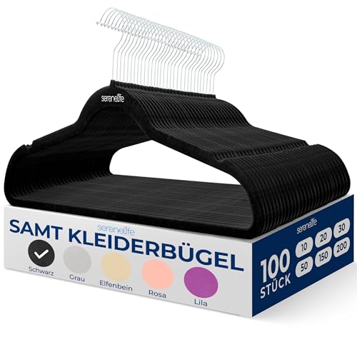 SereneLife 100 Kleiderbügel Schwarz & Rutschfest– Kleiderbügel Samt & Platzsparend mit drehbarem Haken, stark belastbar bis 4,5kg – für knitterfreie Kleideraufbewahrung & Organisation– Hangers Clothes von SereneLife