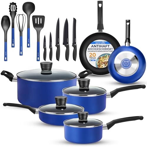 SereneLife Töpfe und Pfannen Set, Kochgeschirr Set 20-Teilig, Antihaft Cookware Set Inkl. Topfset, Pfannenset & Küchenzubehör, für Gas, Elektro & Keramik, PFOA/PFOS frei, Spülmaschinenfest, Blau von SereneLife