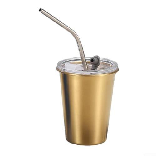 304 Edelstahl-Wasserbecher, auslaufsicherer Kaffeebecher mit Strohhalm und Deckel für Reisen, Wandern, Camping und für den Innenbereich (Gold 350 ml) von Serenophile