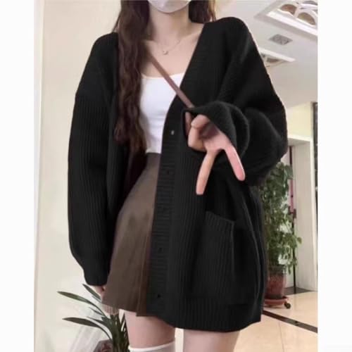 Lange Strickjacke für Damen mit Knöpfen und Taschen, V-Ausschnitt zum Abnehmen für Herbst und Winter Freizeitkleidung (Mean Code Black) von Serenophile