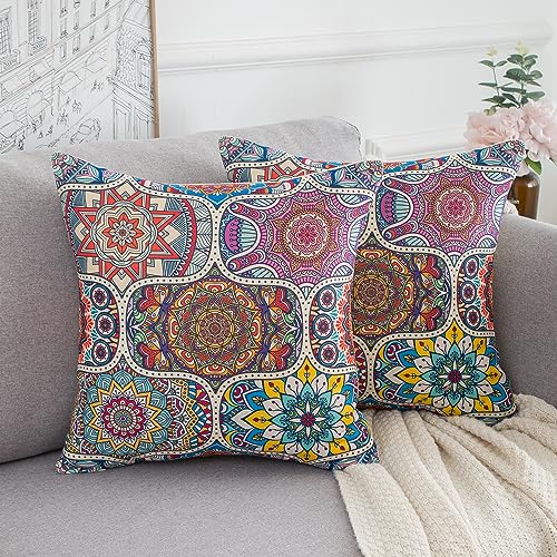 2 Stück Kissenbezüge Dekorative 40 x 40 cm Boho Blumen Kissenbezüge Geometrisch Muster Kissenbezug Mandala Moderne Sofakissen Dekokissen Kissenbezüge Baumwoll Leinen Kissenhülle für Sofa Couch von Serento