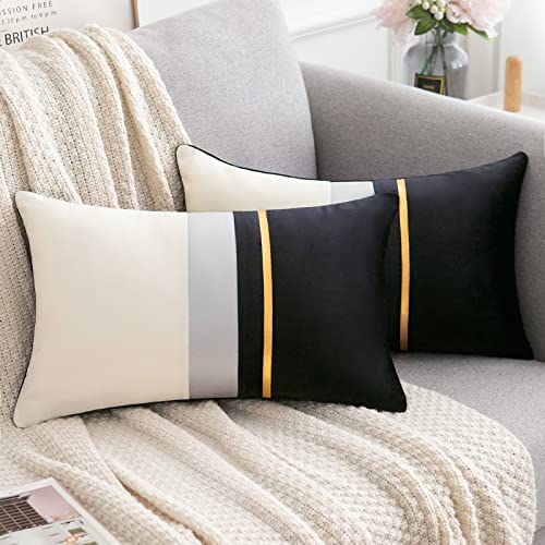 2er Set Kissenhülle Dekorativer Schwarz und Weiß Kissenbuzug Gold Streifen Sofakissen mit Weicher Eleganter Einfacher Samt für Wohnzimmer Couch Sofa Auto Garten,30 * 50cm von Serento