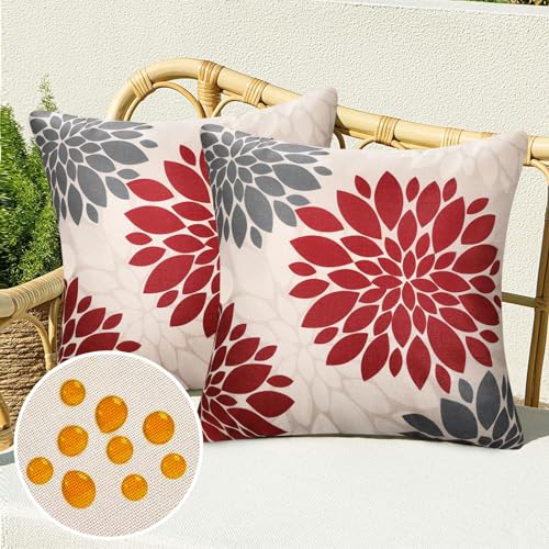 2er Set Outdoor Kissenbezüge Rot und Grau 40 x 40cm Leinen wasserdichte Kissenhülle Dahlie Boho Dekokissen Sofakissen Dekorativ Boho Azteken Couchkissen Bezug für Sofa Bett Terrasse Balkon Garten von Serento