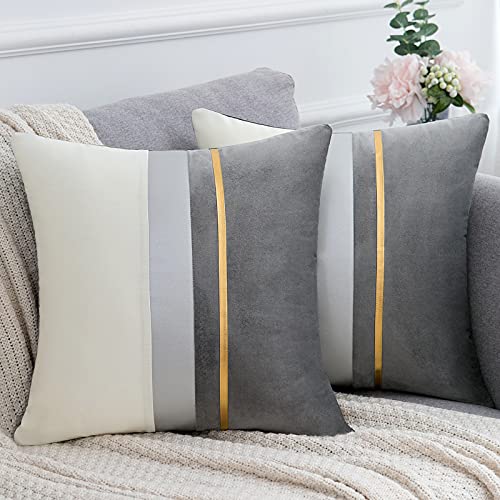 2er Set Sofakissenbezüge 18x18 Grau Kissenbezug Samt Gestreiftes Elegant trendigen aus Geldfarbenem Leder Kissenhüllen Luxus Modern Kissenbezug für Sitzcouch Schlafzimmer Wohnzimmer von Serento