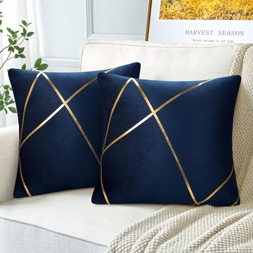 40x40cm Kissenbezüge Samt Marineblau Luxuriöse Sofakissen Kissenhülle Goldene Streifen Dekorativer Moderne Zierkissenbezug für Sofa Schlafzimmer mit Unsichtbarem Reißverschluss 2er Set von Serento