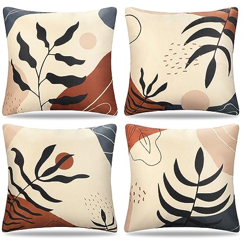 4er Set Kissenbezüge Moderne Leinen Outdoor Dekokissen Kissenbezug Sofakissen Dekorativ Couchkissen Kissenhülle Bezug Boho Abstrakt Blätter Deko für Wohnzimmer Schlafzimmer 40x40 cm von Serento