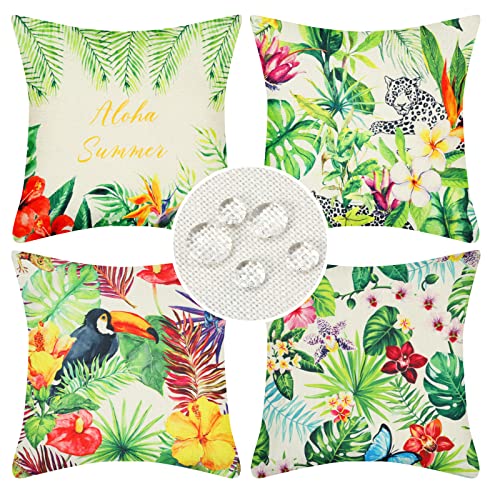 4er Set Kissenbezüge Tropische Blätter wasserdichte Sofakissen Outdoor Leinen Couchkissen Dekokissen 45 x 45 cm Grün Pflanze Bunt Blumen und Vögel Kissenhüllen für Balkon Terrasse Patio Garten Dekor von Serento