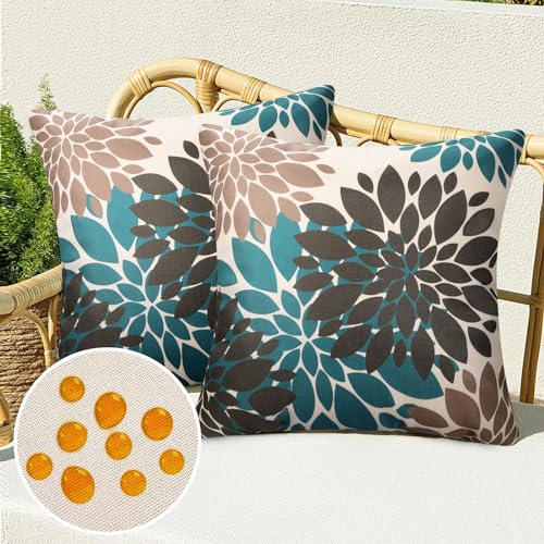 Deko Sofakissen wasserdichte Kissenbezug Frühling Dahlie Braun und Blaugrün Moderne Boho Kissenbezüge Leinen für Wohnzimmer Schlafzimmer Sofa Garten Terrasse Deko, 2er Set, 45 x 45 cm von Serento