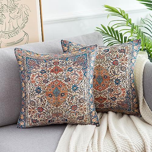 Dekokissen Kissenhülle Boho Türkischer Orange Teppichmuster Kissenbezug Vintage Kissenbezüge aus Marokkanischem Leinen Zierkissenbezüge für Wohnzimmer Garten Sofa Couch Kissen Dekor 40 x 40 2er Set von Serento