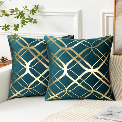 Dekorativ Kissenbezüge Sofakissen Samt 40 x 40cm Türkis Blau Kissenhülle Goldene Heißprägen Geometrische Streifen Dekokissen Moderne Weicher Quadratischer Kissenbezug 2er Set für Couch Wohnzimmer Bett von Serento