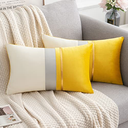 Gelb Kissebezug 30 × 50 cm Samt Weich Gold Streifen Minimalismus Einfach Elegant Frühling Sommer Herbst Winter Quadratische Dekokissen für Bett Sofa Wohnzimmer Auto Büro Hell Gelb, 2er Set von Serento