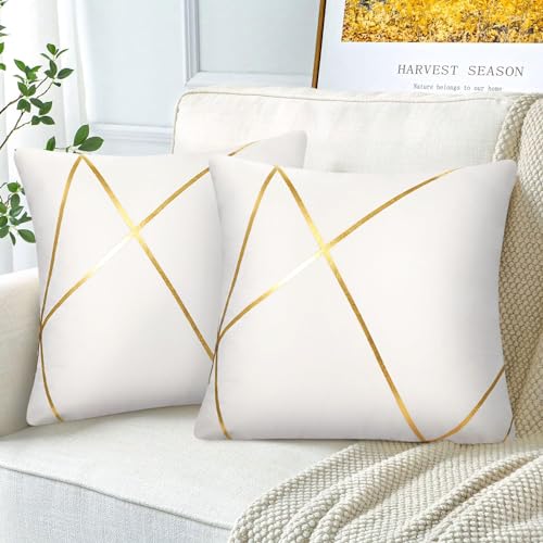 Kissenbezug 40 x 40 cm Weißer Samt Kissenhülle Bronzieren Geometrie Kissenbezüge Quadratische Golden Linien Sofakissen Dekoration für Couch Wohnzimmer Schlafzimmer Garten 2er-Set von Serento