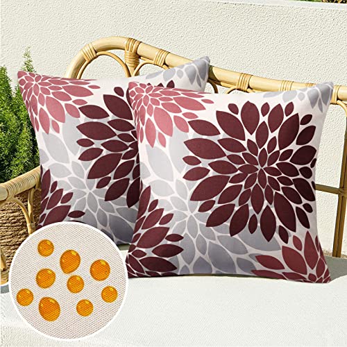 Kissenbezug 40x40 Frühling Moderne Outdoor Kissen Sofakissen Kissenhülle Kissenbezüge Wasserdicht Leinen Sommer Rot Dahlie Blume für Wohnzimmer Schlafzimmer Sofa Garten Terrasse Deko, 2er Set von Serento