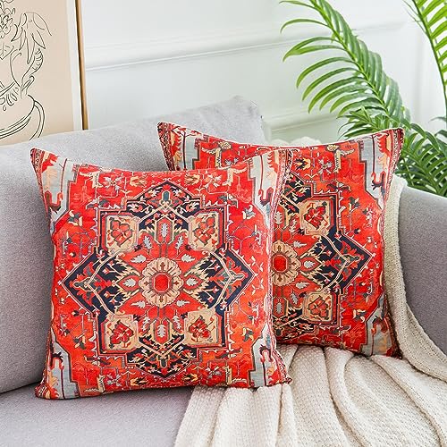 Kissenbezug Boho Kissenhülle 40x40 Kissenbezüge Abstrakt Teppichmuster Rot Kissenhüllen Deko Kissen Bezüge Leinen Sofakissen Herbst für Wohnzimmer Schlafzimmer Couch Dekor, 2er Set von Serento