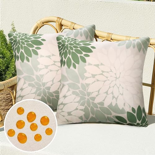 Kissenbezug Grün und Weiß Füllung Sofakissen Bezug wasserdichte 2er Set Dekokissen Kissenbezüge Dahlie Abstrakt Couchkissen Zierkissenbezüge Leinen für Schlafzimmer, Sofa, Stuhl, Bett, Garten 40x40cm von Serento