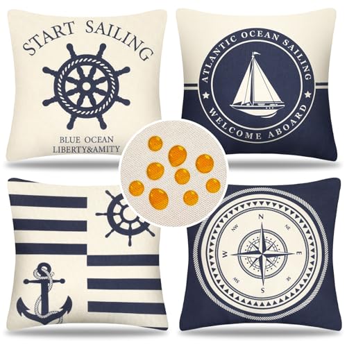 Kissenbezug Maritimes Thema 4er Set Kissenbezug Outdoor wasserdichte Kissen Moderne Sofakissen Marineblau Streifen Deko Kissenhülle Leinen 40 x 40cm für Sofakissen Bezug Auto Garten Draußen Drinnen von Serento