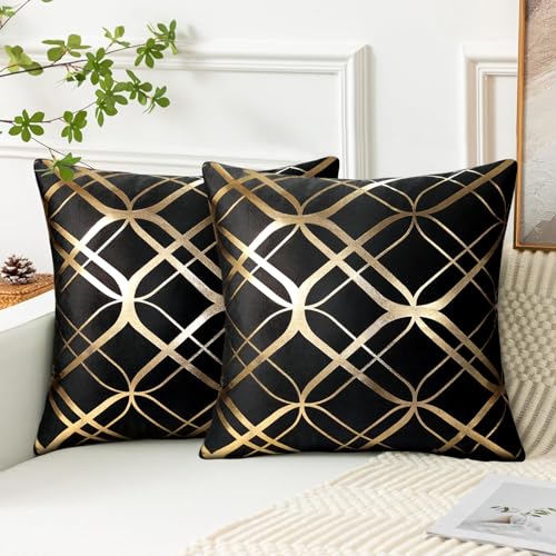 Kissenbezug Samt 40x40 cm 2er Set Sofakissen Dekorative Modern Schwarz Golden Geometrie Streifen Dekokissen Kissenhülle Couchkissen Soft Kissen für Sofa Schlafzimmer Auto Zuhause Dekor von Serento