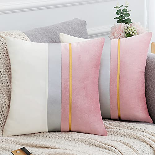 Pink Kissenbezug Nickerchen Kissenhülle Samt 2er Set mit Golden Streifen Muster Weicher Stoff Pink und Weiß Farbig Herbst und Winter für Bett,Wohnzimmrt,Auto,Büro，50cm*50cm von Serento