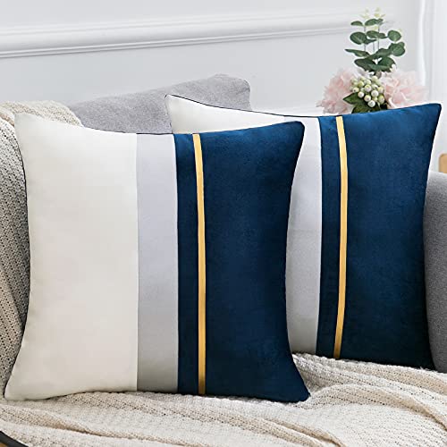 Samt Kissenbezug 2er Set Blau Dekokissen Streifer Einfacher Moderner Kissenhülle Quadratischer Weiß Blau Gold Sofakissen für Wohnzimmer Schlafzimmer Couch Garten Bett 50 * 50cm von Serento