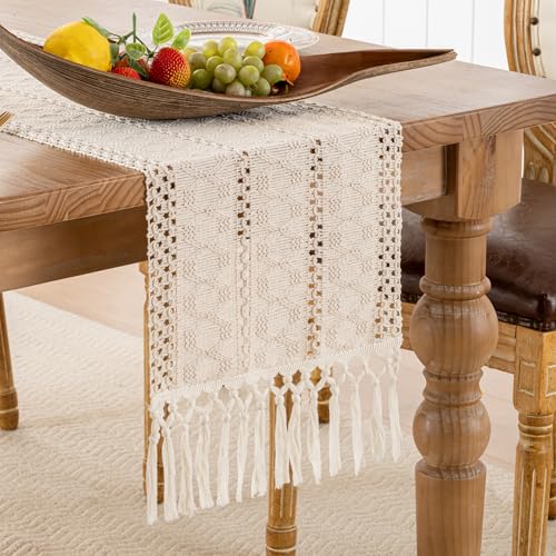 Serento Beige Makramee Tischläufer Boho Vintage Bauernhaus Landhausstil Tischläufer Rechteckige Häkelspitze Mesh Quasten Küche Tischdecke 30x180cm für Urlaub Party Hochzeit Dekor von Serento
