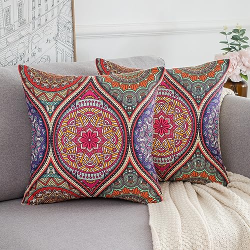 Serento Kissenbezug 45x45 cm Dekokissen Bunt Mandala Blumen Zierkissen Leinen Kissenhuellen Boho Sofakissen Moderne Kissenbezüge Home Decor für Sofa Couch Bett Wohnzimmer 2 Stück von Serento