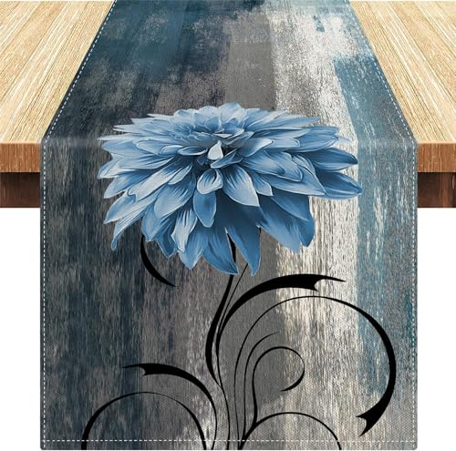 Serento Tischläufer Blau Grau Frühling Blume Tischläufer Modern Leinen Abstrakte Kunst Gemälde Abwaschbar Landhausstil Tischläufer für Küche Bankett Hochzeiten 33 x 183 cm von Serento