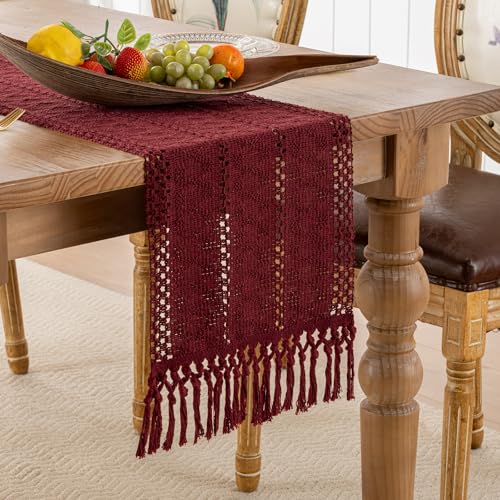 Serento Tischläufer Burgunder Rot mit Quasten Makramee Tischläufer Landhausstil 30x180cm Rustikale Boho Tischdeko Bauernhaus für Urlaub Party Hochzeit von Serento