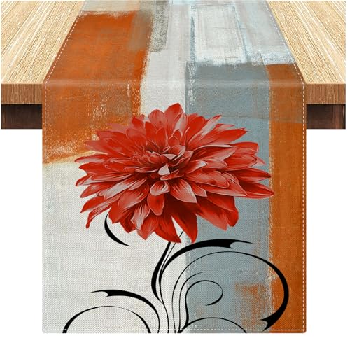Tischläufer Grau Modern Boho Blume Orange und Grau Leinen Tischläufer Frühling Waschbare Tischläufer Outdoor für Tischwäsche Hochzeit Party Hochzeit Couchtisch 33 x 183 cm von Serento