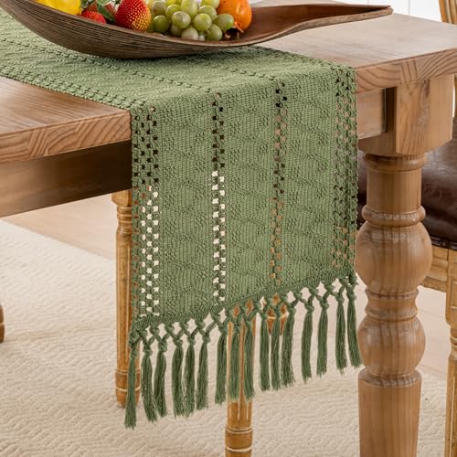 Serento Makramee Tischläufer Gestrickt Rustikale Baumwoll Tischlaufer Grün 30x180cm Tisch Läufer mit Quasten Retro Hochzeit Küchen Boho Tischdeko von Serento