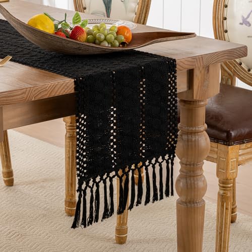 Tischläufer Boho Rustikale Landhausstil Tischdeko Gestrickt Makramee Baumwoll Tischläufer Schwarz Boho Tischdeko Modern Hochzeit Häkelspitze für Urlaub Party Geburtstag Küche Tischdeko, 30x180cm von Serento