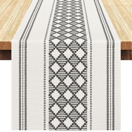 Tischläufer Boho Tischläufer Modern Wohnzimmer Rechteckige Grau Tischläufer Frühling Gestreifte Karo Muster für Küche Vintage Bauernhaus böhmische Hochzeit Dekor, Tischläufer Leinen 40x140cm von Serento